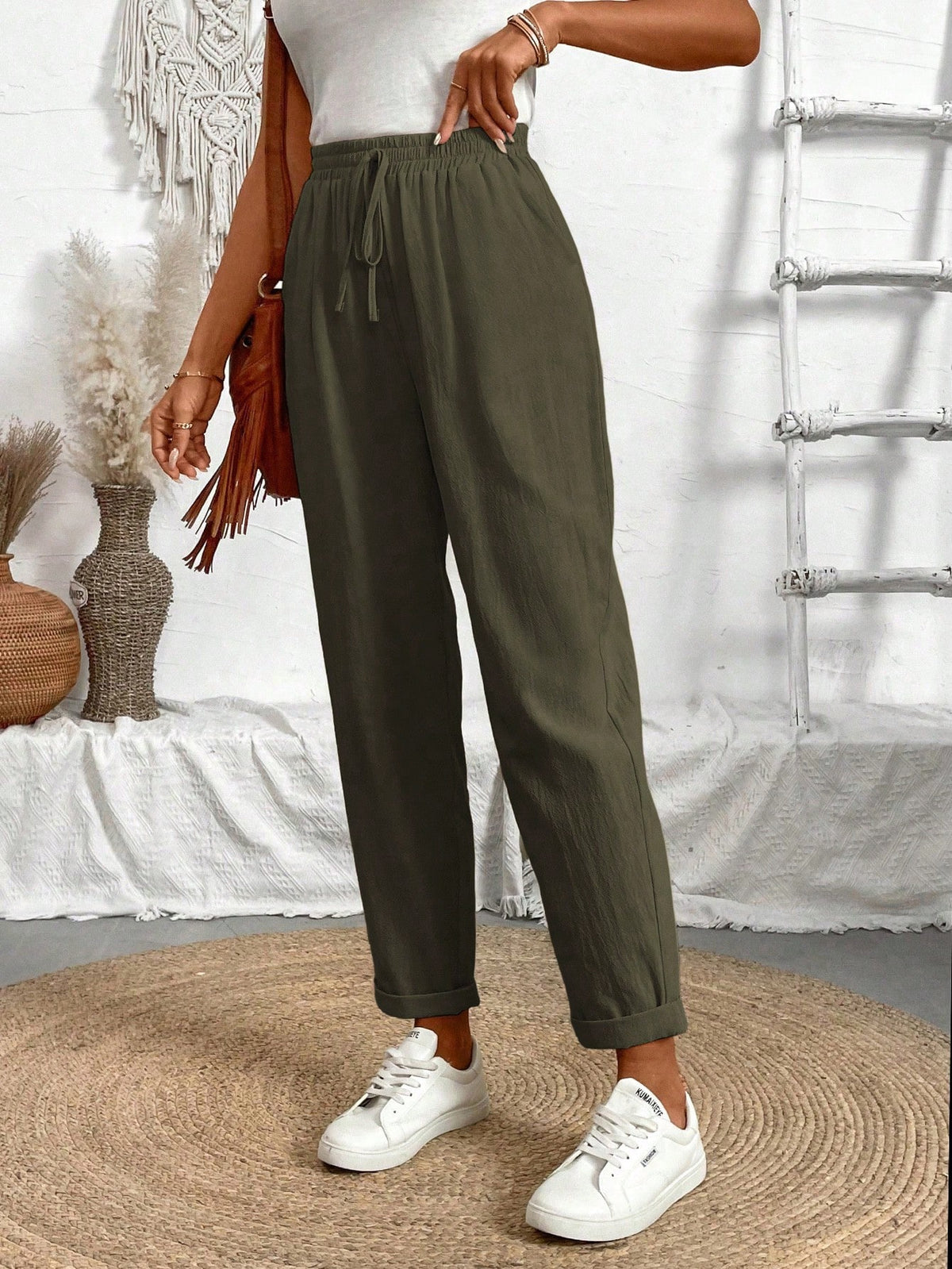 Breezaya Casual Solid Color Drawstring Tapered Pants