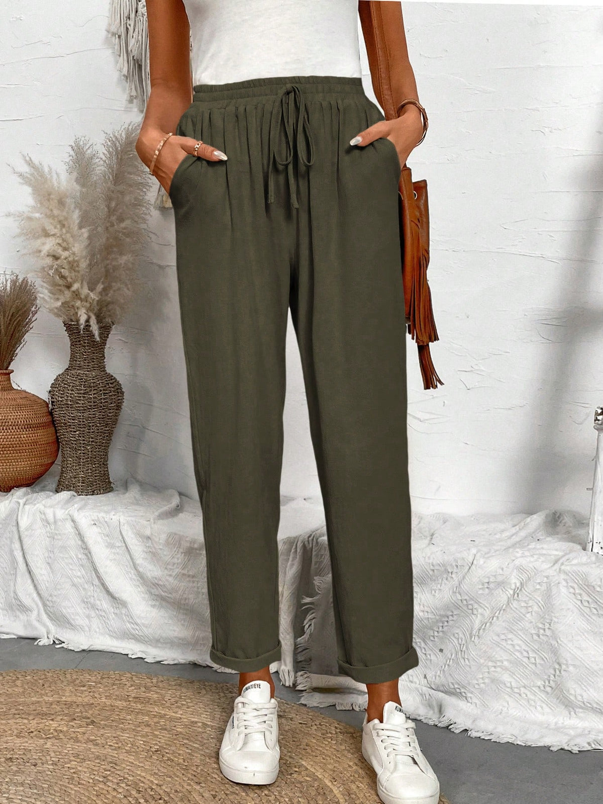 Breezaya Casual Solid Color Drawstring Tapered Pants