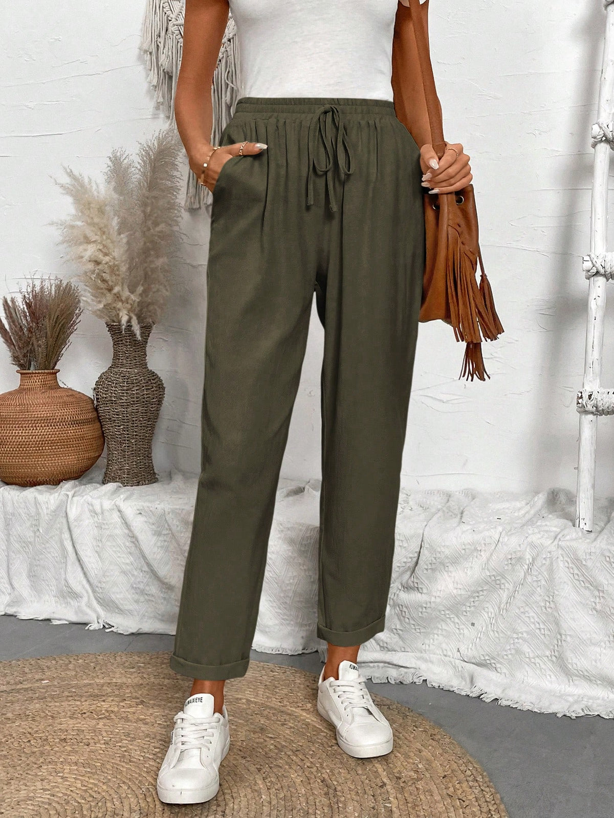 Breezaya Casual Solid Color Drawstring Tapered Pants