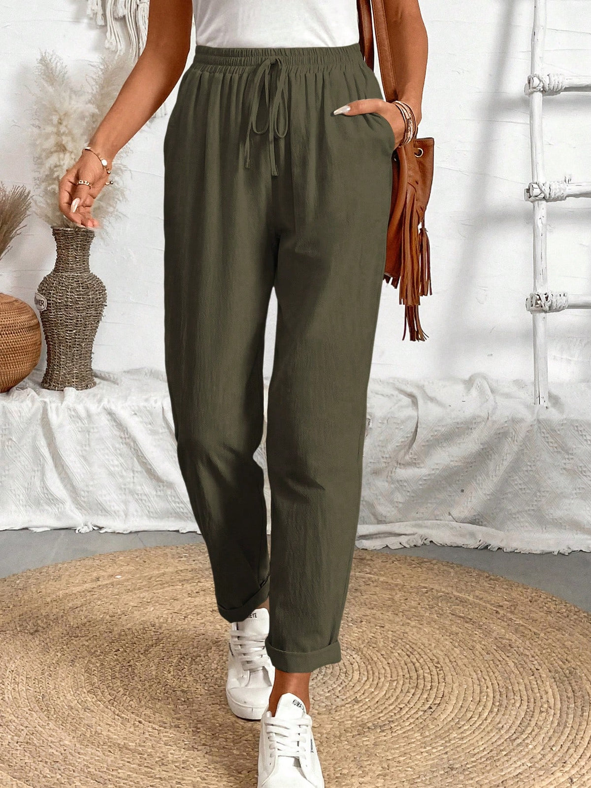 Breezaya Casual Solid Color Drawstring Tapered Pants