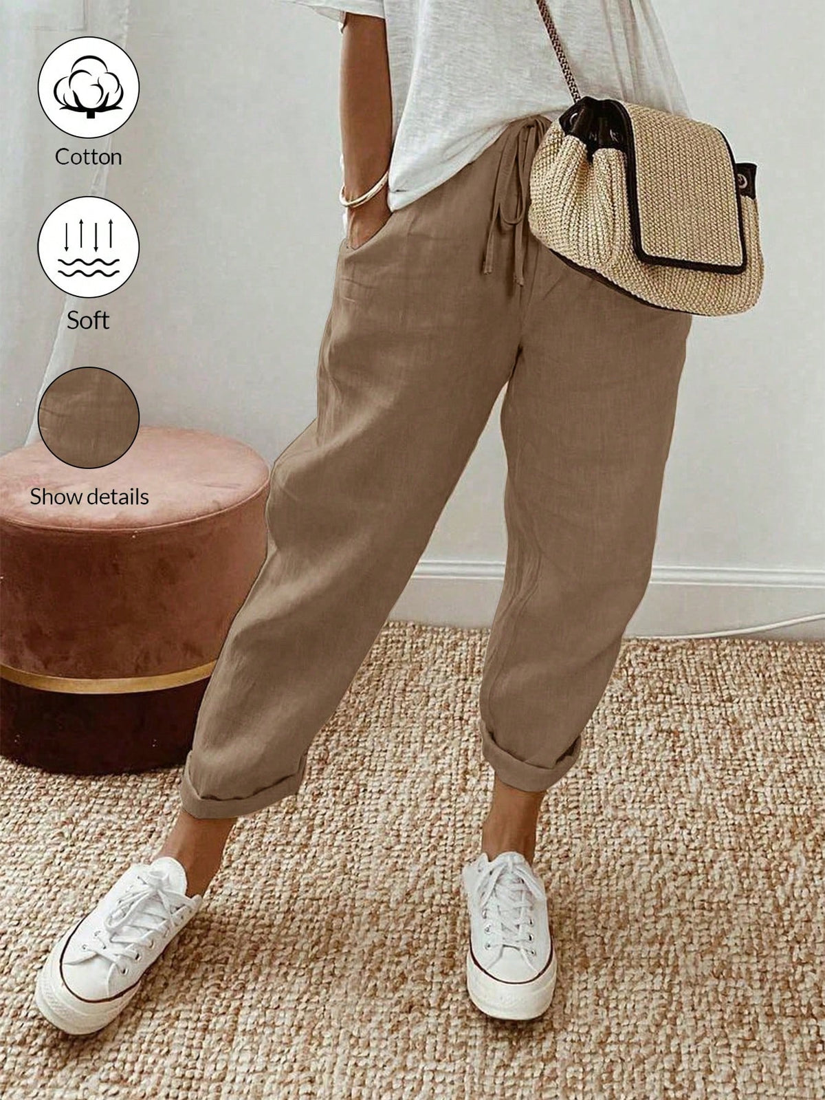 Breezaya Casual Solid Color Drawstring Tapered Pants