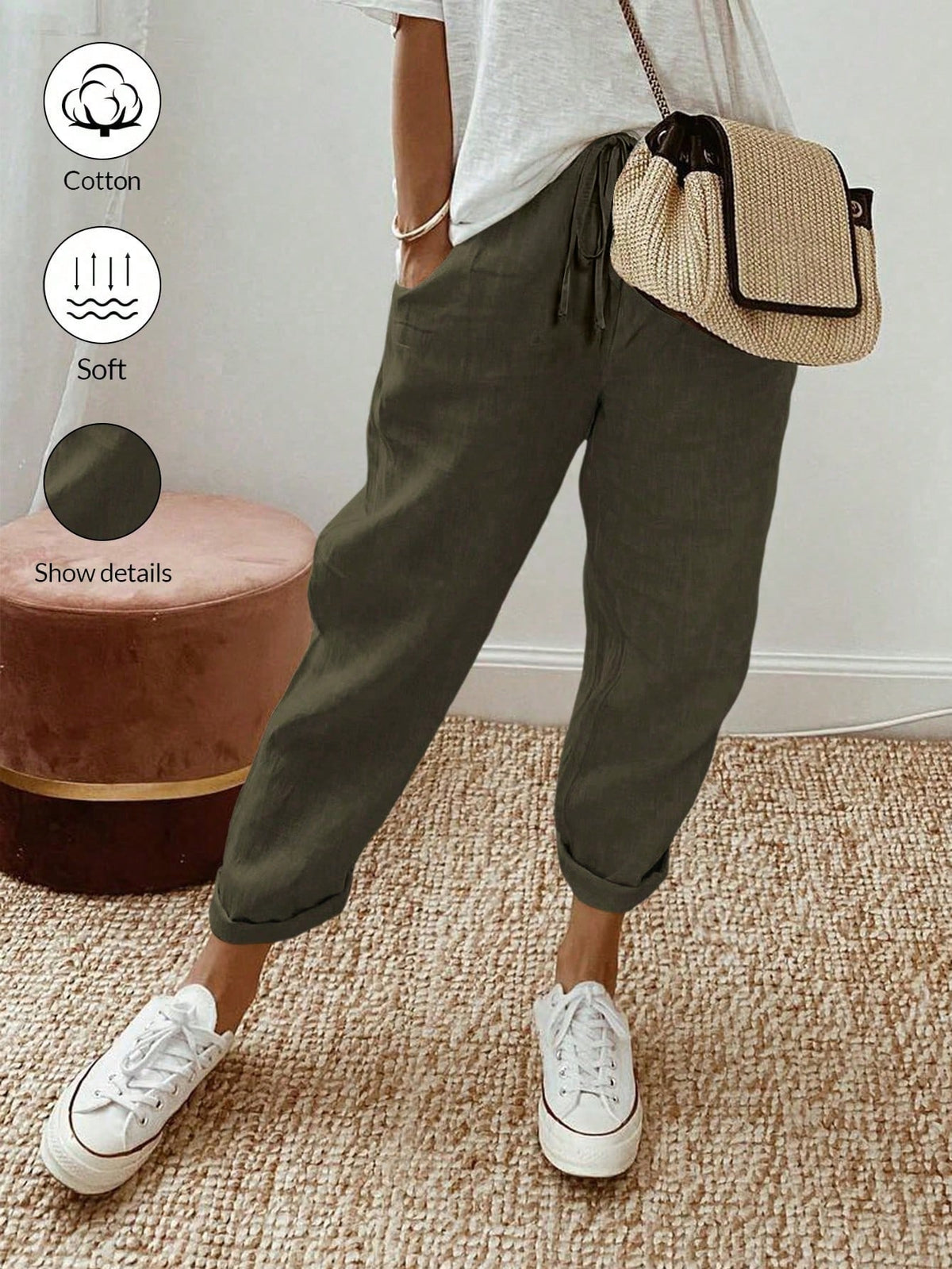 Breezaya Casual Solid Color Drawstring Tapered Pants