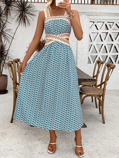 Breezaya Holiday Casual Printed Patchwork Woven Belt Sleeveless Hollow Out Dress Maxi Vacation Beach Outfits Women