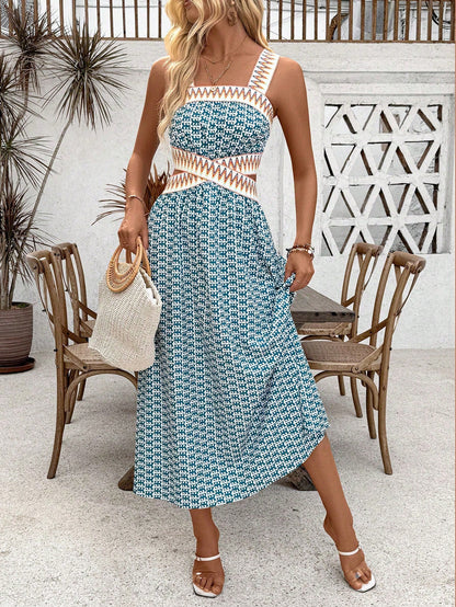 Breezaya Holiday Casual Printed Patchwork Woven Belt Sleeveless Hollow Out Dress Maxi Vacation Beach Outfits Women
