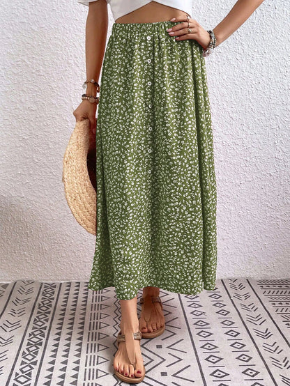 Breezaya Women's Ditsy Floral Button Design Elastic Waist Casual Midi Skirt