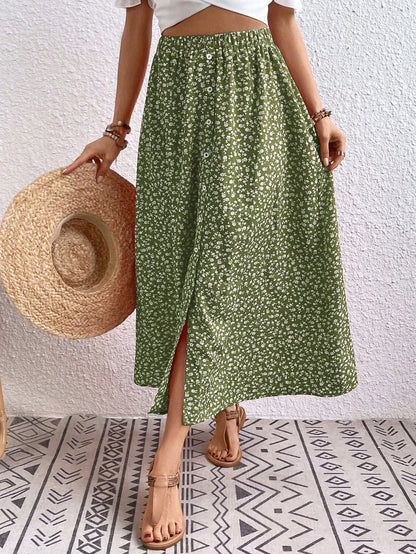 Breezaya Women's Ditsy Floral Button Design Elastic Waist Casual Midi Skirt