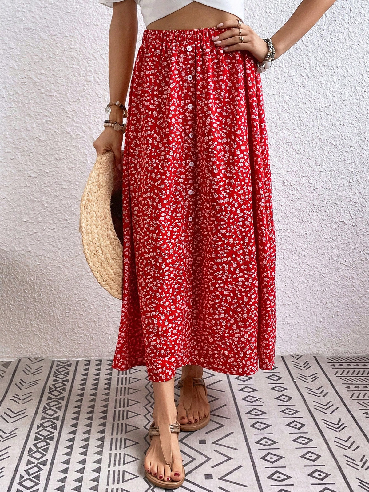 Breezaya Women's Ditsy Floral Button Design Elastic Waist Casual Midi Skirt