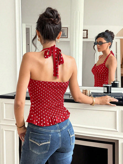 Breezaya Women's Elegant Fashion Minimalist Versatile Fitted Halter Neck Frill Trim Polka Dot Print Tank Top, Summer Clothes For University