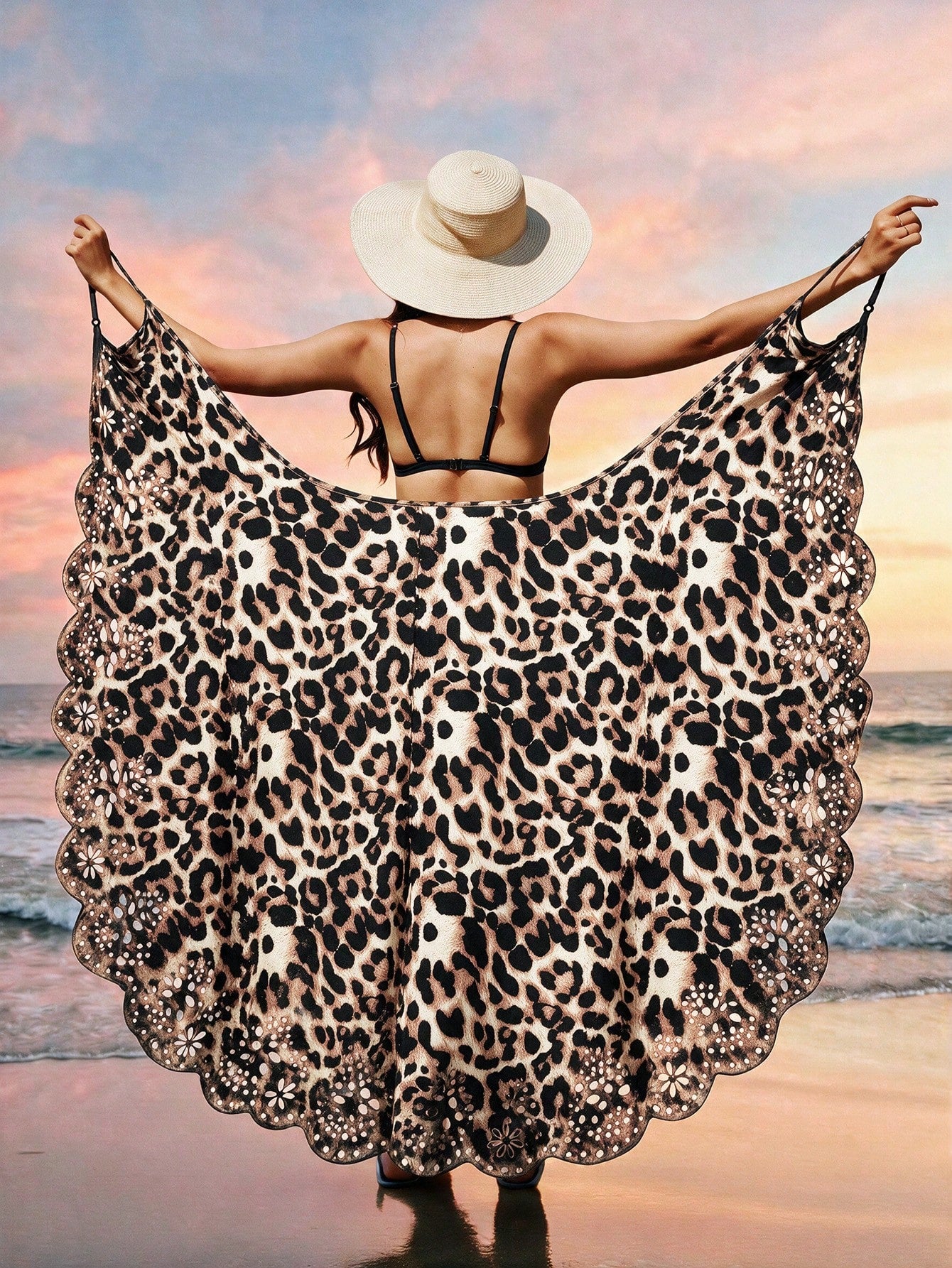 Breezaya Women's New Summer Swimwear Fashion Vacation Elegant Sexy Casual Brown Leopard Print Adjustable Strap One-Piece Hem Positioned Burnout Wrap Style Resort Cover-Up Dress, Summer Beach Vacation