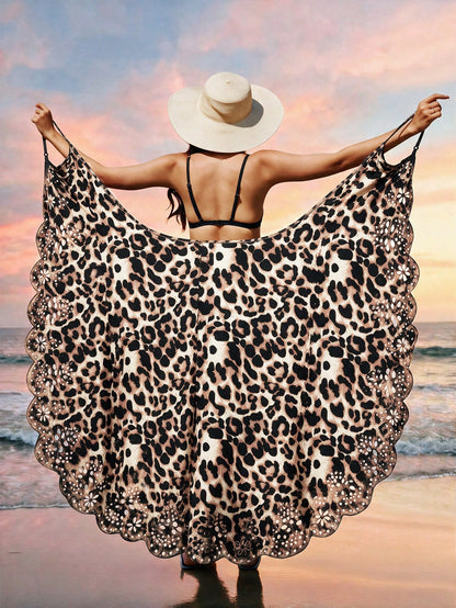 Breezaya Women's New Summer Swimwear Fashion Vacation Elegant Sexy Casual Brown Leopard Print Adjustable Strap One-Piece Hem Positioned Burnout Wrap Style Resort Cover-Up Dress, Summer Beach Vacation