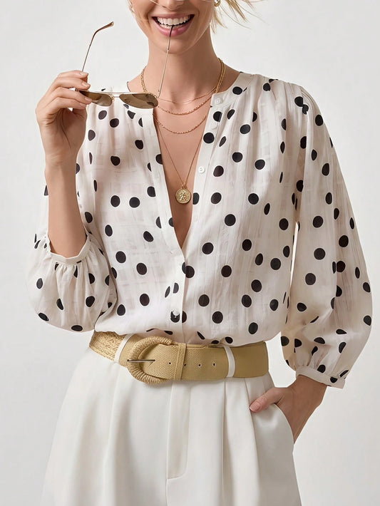 Briarwyn Elegant Women's Polka Dot Sheer Textured Fabric Blouse,Off-White Summer Fashion Button,Office Spring Clothing,Vacation Outfits Women Top