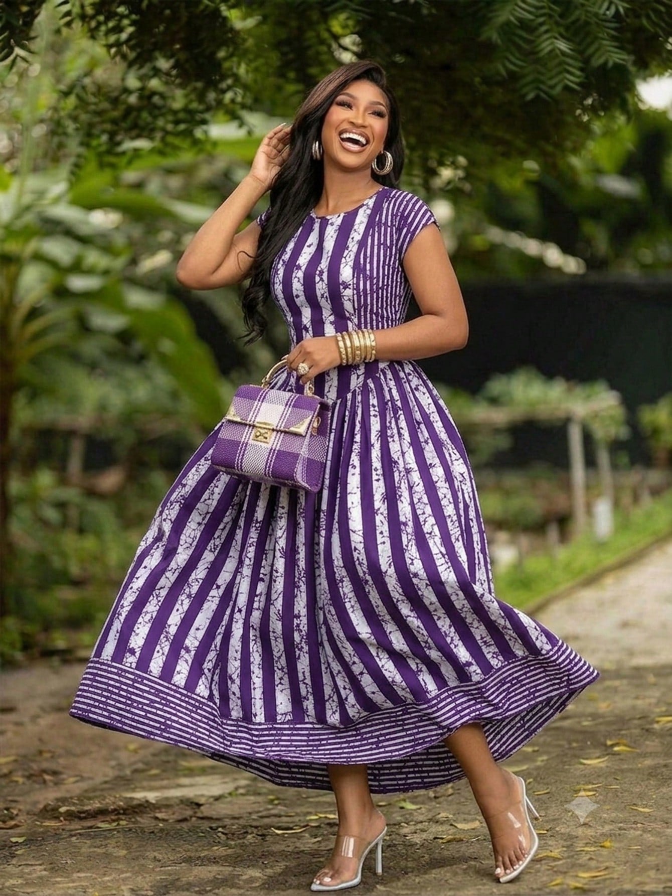 Brilight Women's Spring/Summer 2026 Purple And White Splashed Striped High-Waisted A-Line Skirt- Perfect For Wedding Season, Graduation Season, Daily Casual Wear, Parties, Dates, Valentine's Day, Vac