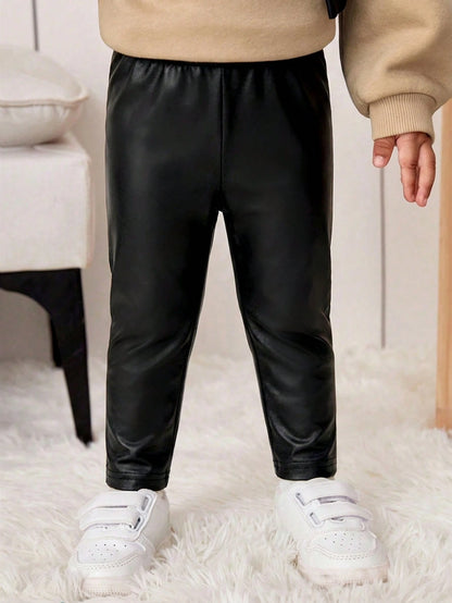 Bubblio Stylish Baby Girl Black Faux Leather Look Long Pants For Everyday Wear