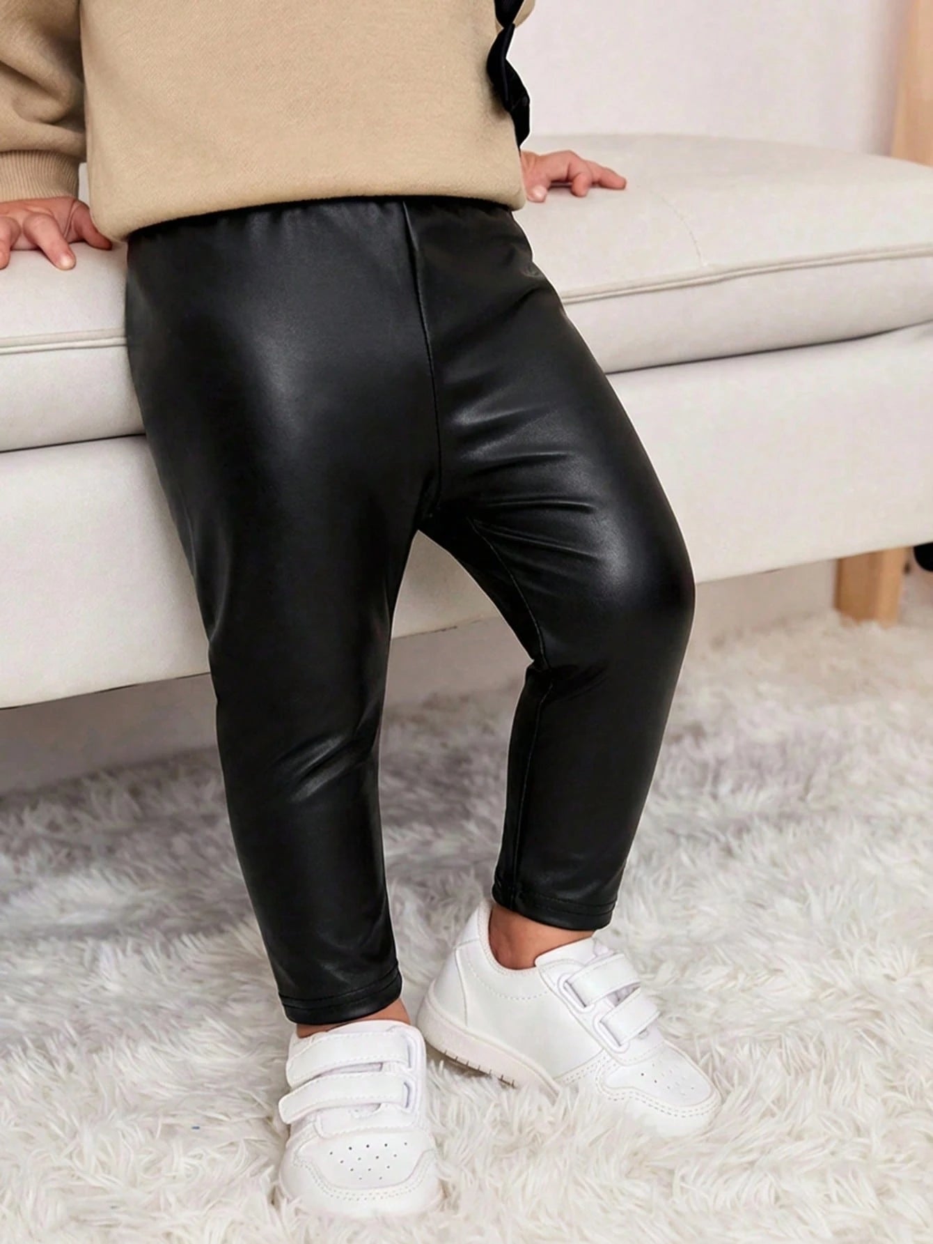 Bubblio Stylish Baby Girl Black Faux Leather Look Long Pants For Everyday Wear