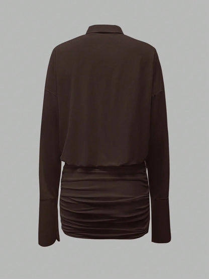 Cévolie 2025 Women's Fashionable Solid Color Front Button Mini Dress