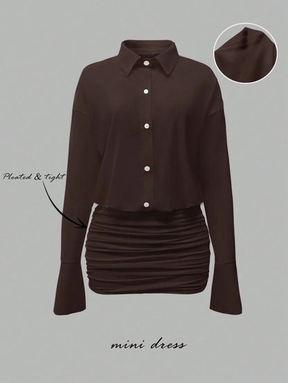 Cévolie 2025 Women's Fashionable Solid Color Front Button Mini Dress
