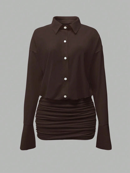 Cévolie 2025 Women's Fashionable Solid Color Front Button Mini Dress