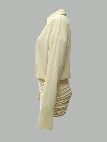 Cévolie 2025 Women's Fashionable Solid Color Front Button Mini Dress