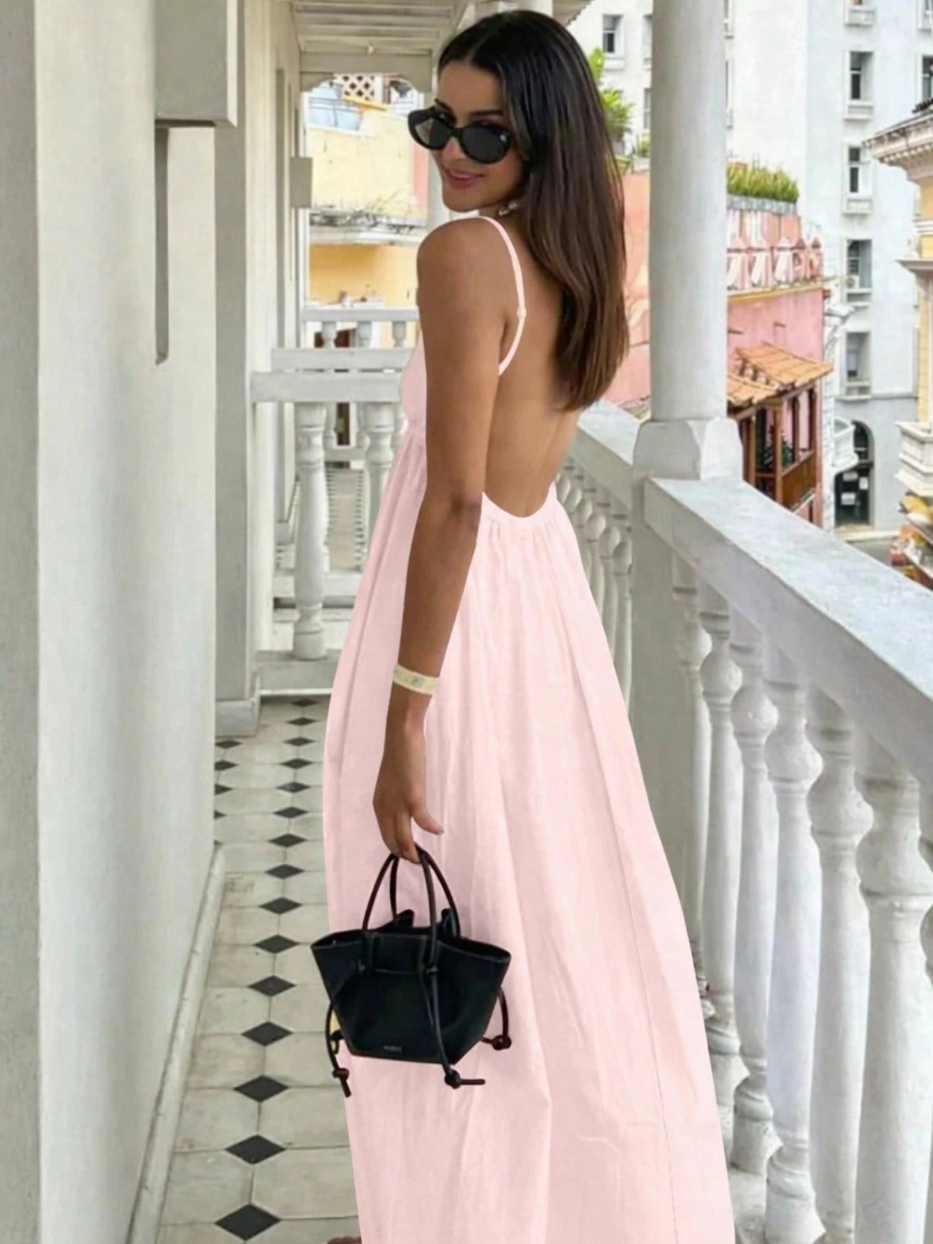 Cévolie Women's Vacation Casual Solid Color Backless Camisole Dress