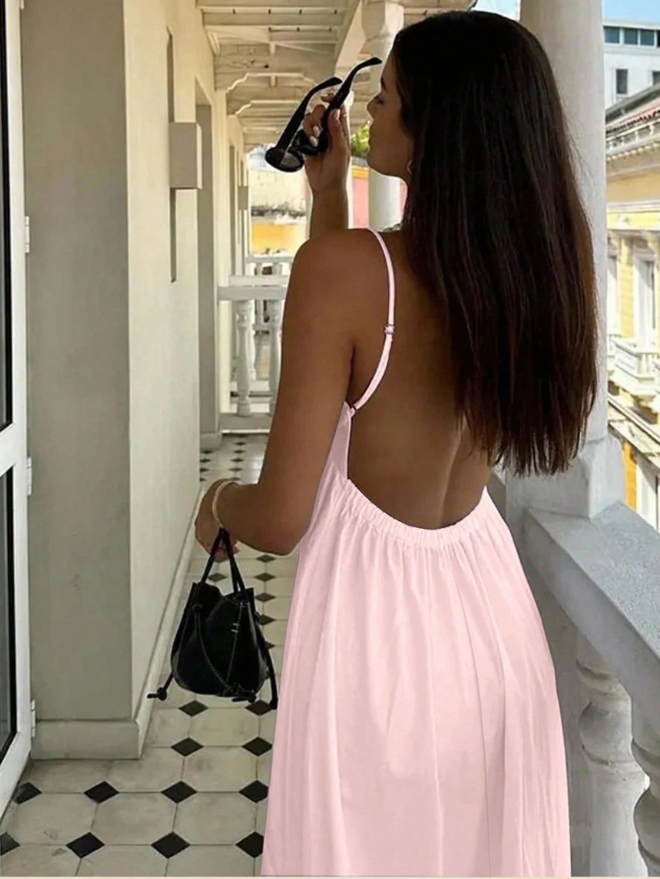 Cévolie Women's Vacation Casual Solid Color Backless Camisole Dress