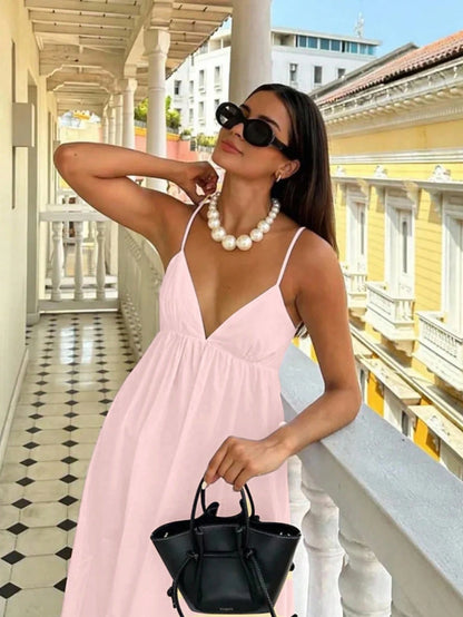Cévolie Women's Vacation Casual Solid Color Backless Camisole Dress