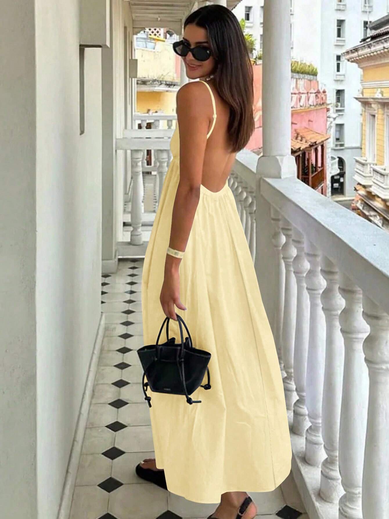 Cévolie Women's Vacation Casual Solid Color Backless Camisole Dress