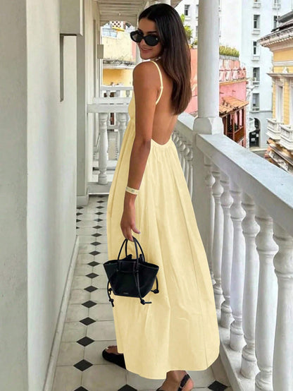 Cévolie Women's Vacation Casual Solid Color Backless Camisole Dress