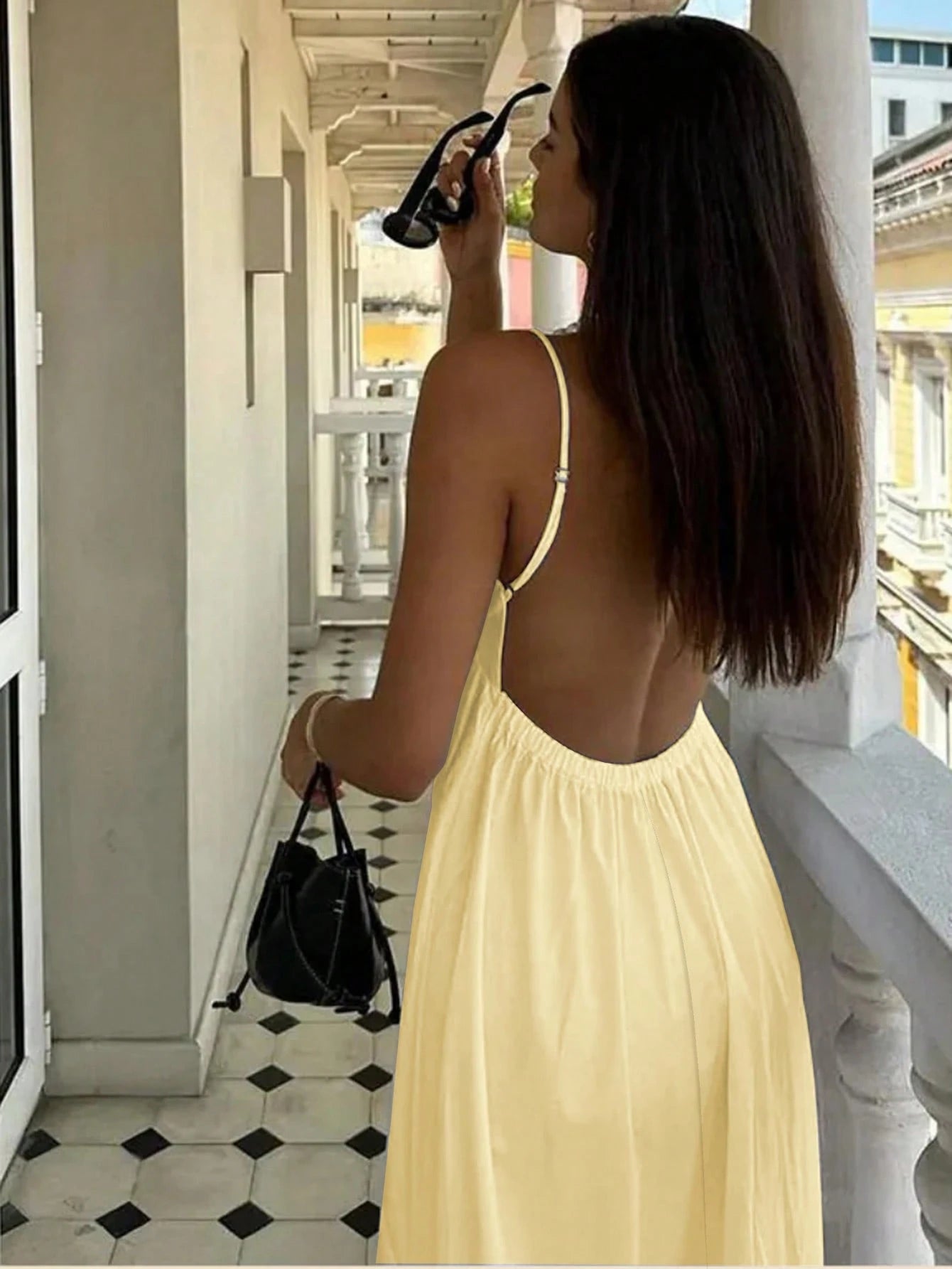 Cévolie Women's Vacation Casual Solid Color Backless Camisole Dress