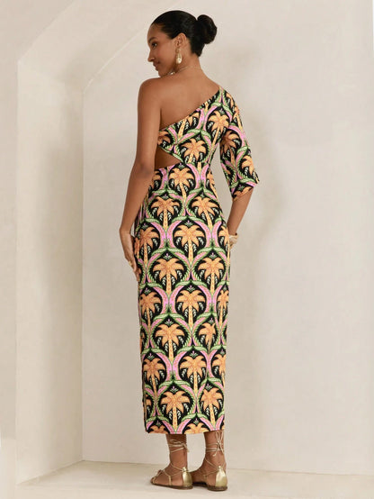 CAJUNI Women's Black Summer Tropical Palm Tree Print Asymmetric One-Shoulder Half Sleeve Side Cut-Out Long Dress,Boho Slim Fit Vacation Holiday Party Style