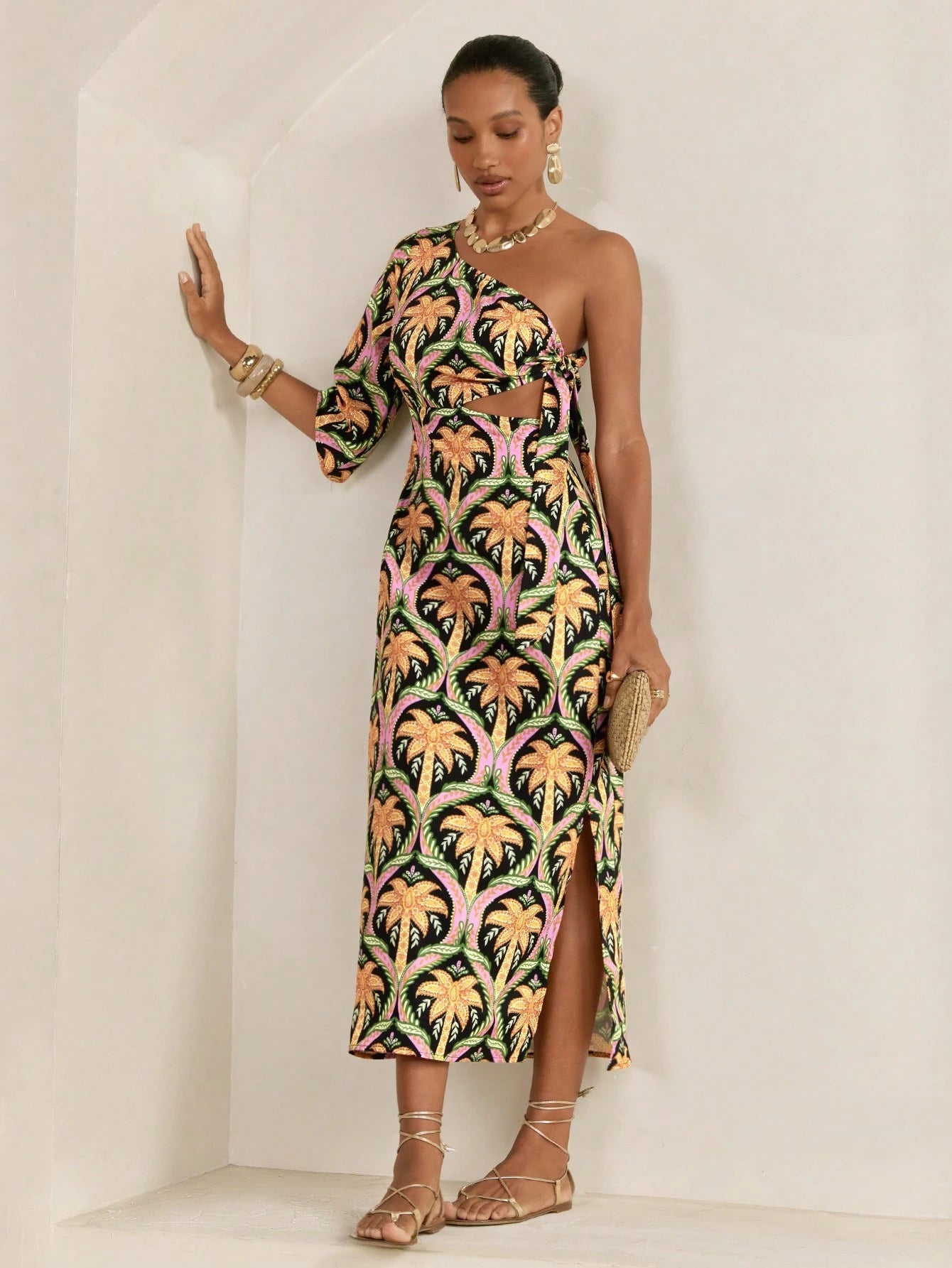 CAJUNI Women's Black Summer Tropical Palm Tree Print Asymmetric One-Shoulder Half Sleeve Side Cut-Out Long Dress,Boho Slim Fit Vacation Holiday Party Style