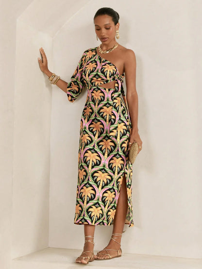 CAJUNI Women's Black Summer Tropical Palm Tree Print Asymmetric One-Shoulder Half Sleeve Side Cut-Out Long Dress,Boho Slim Fit Vacation Holiday Party Style