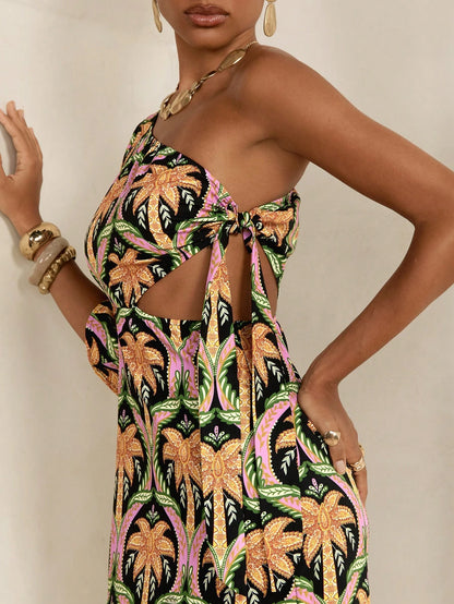 CAJUNI Women's Black Summer Tropical Palm Tree Print Asymmetric One-Shoulder Half Sleeve Side Cut-Out Long Dress,Boho Slim Fit Vacation Holiday Party Style