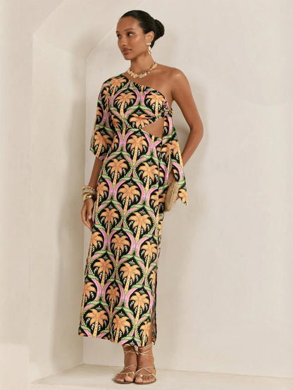 CAJUNI Women's Black Summer Tropical Palm Tree Print Asymmetric One-Shoulder Half Sleeve Side Cut-Out Long Dress,Boho Slim Fit Vacation Holiday Party Style