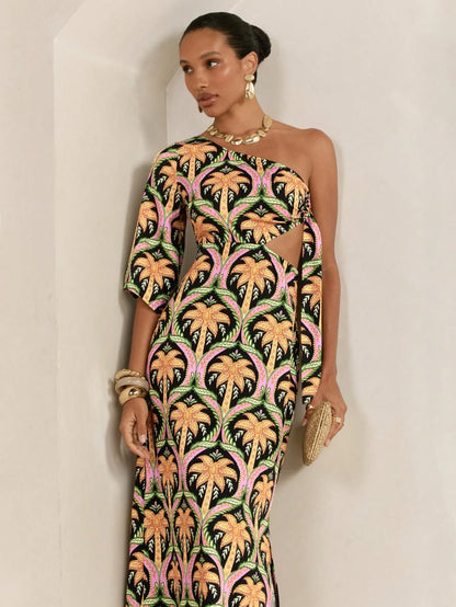 CAJUNI Women's Black Summer Tropical Palm Tree Print Asymmetric One-Shoulder Half Sleeve Side Cut-Out Long Dress,Boho Slim Fit Vacation Holiday Party Style
