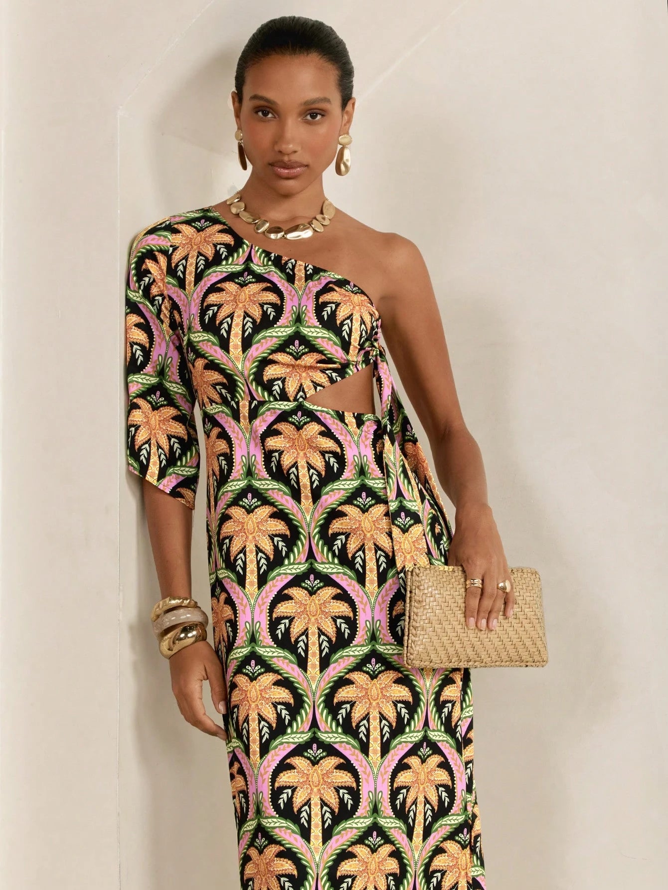 CAJUNI Women's Black Summer Tropical Palm Tree Print Asymmetric One-Shoulder Half Sleeve Side Cut-Out Long Dress,Boho Slim Fit Vacation Holiday Party Style