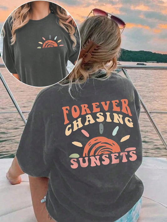 Calvaya Large Short-Sleeved T-Shirt For Women Plus Printed With Slogan Pattern, Suitable For Summer FOREVER CHASING SUNSETS Graphic Tees Women Tops