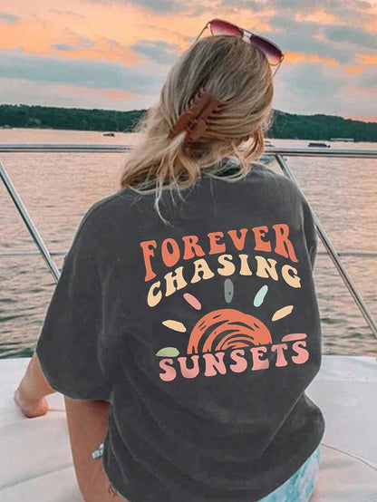 Calvaya Large Short-Sleeved T-Shirt For Women Plus Printed With Slogan Pattern, Suitable For Summer FOREVER CHASING SUNSETS Graphic Tees Women Tops