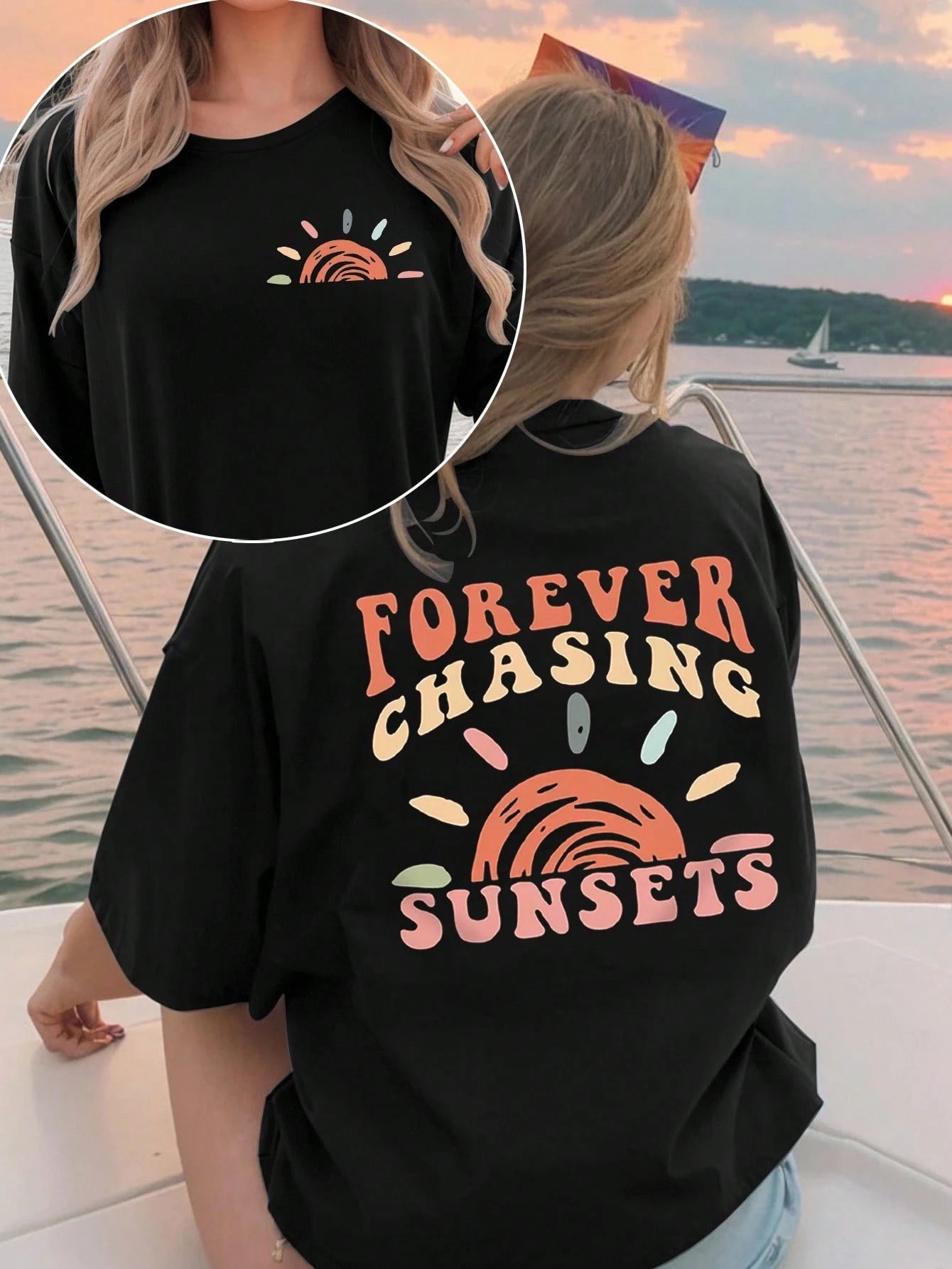Calvaya Large Short-Sleeved T-Shirt For Women Plus Printed With Slogan Pattern, Suitable For Summer FOREVER CHASING SUNSETS Graphic Tees Women Tops