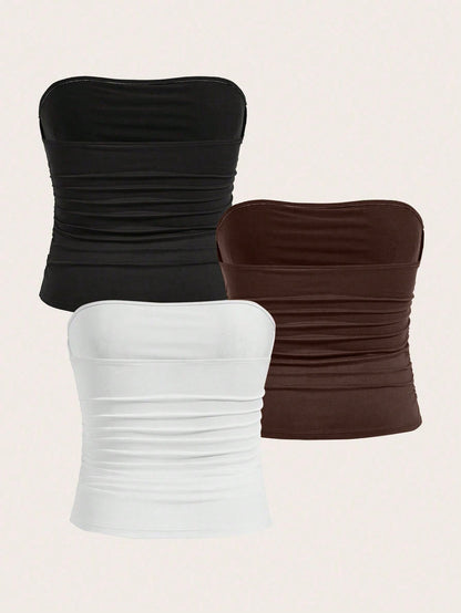 Calvaya Plus Size Women Casual All-Match Solid Color Ruched Fitted Tube Top