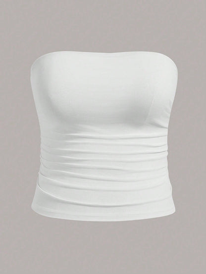Calvaya Plus Size Women Casual All-Match Solid Color Ruched Fitted Tube Top