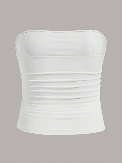 Calvaya Plus Size Women Casual All-Match Solid Color Ruched Fitted Tube Top