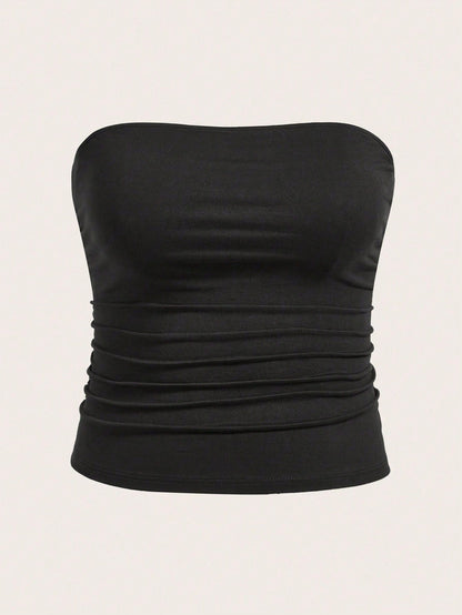 Calvaya Plus Size Women Casual All-Match Solid Color Ruched Fitted Tube Top