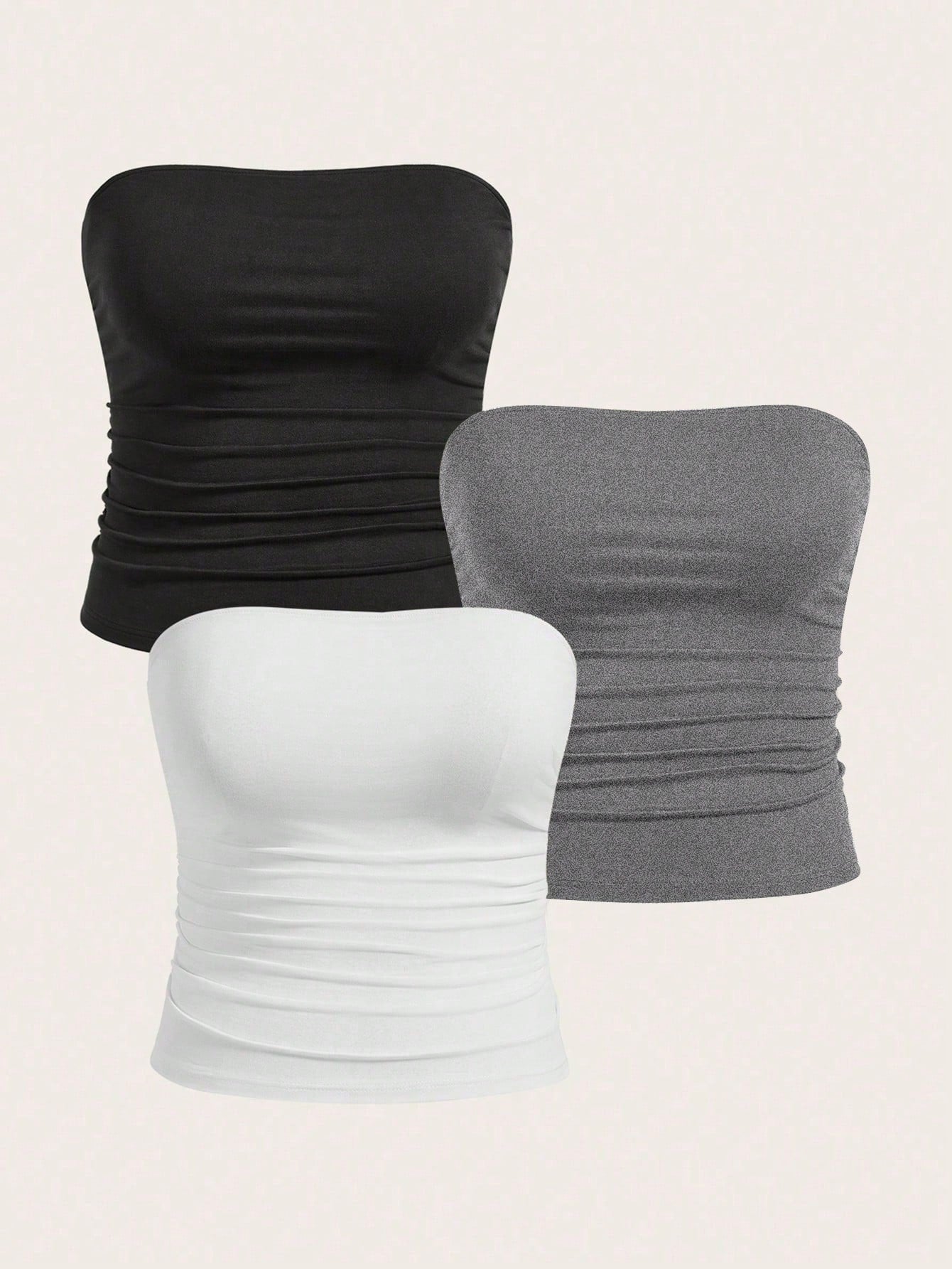 Calvaya Plus Size Women Casual All-Match Solid Color Ruched Fitted Tube Top
