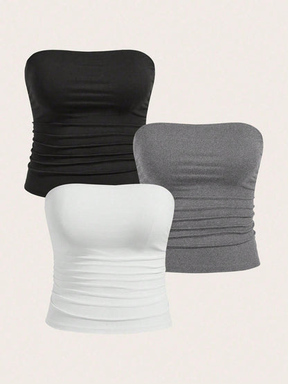 Calvaya Plus Size Women Casual All-Match Solid Color Ruched Fitted Tube Top