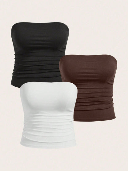 Calvaya Plus Size Women Casual All-Match Solid Color Ruched Fitted Tube Top