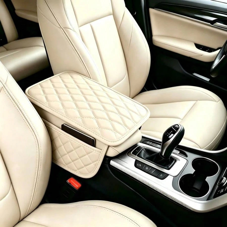 Car Armrest Pad, PU Leather, Comfortable Elbow Support, Stylish Stitching Design, Multi-Functional Storage For Phone/Cards/Wallet, Universal Fit For All Vehicles, All-Season Protection, Durable And St