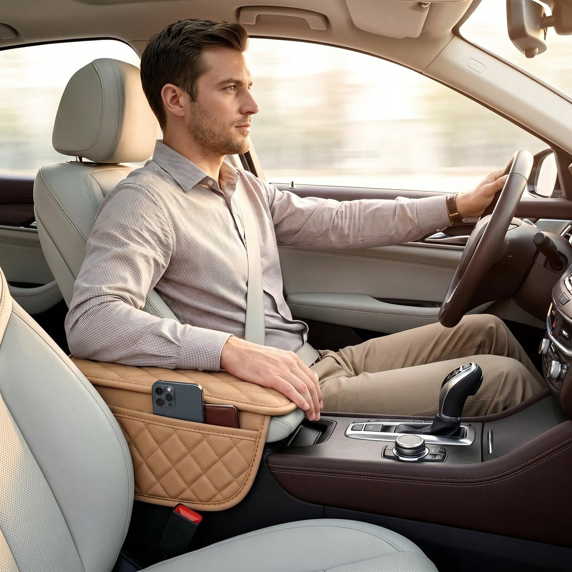 Car Armrest Pad, PU Leather, Comfortable Elbow Support, Stylish Stitching Design, Multi-Functional Storage For Phone/Cards/Wallet, Universal Fit For All Vehicles, All-Season Protection, Durable And St