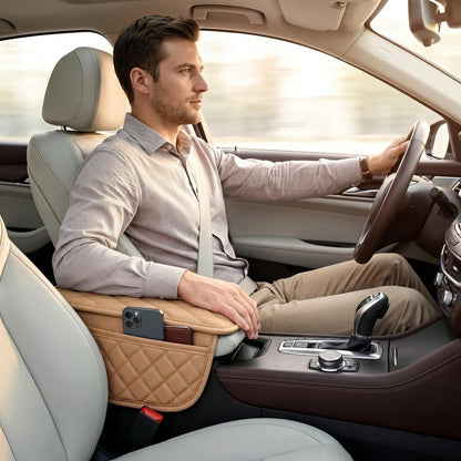 Car Armrest Pad, PU Leather, Comfortable Elbow Support, Stylish Stitching Design, Multi-Functional Storage For Phone/Cards/Wallet, Universal Fit For All Vehicles, All-Season Protection, Durable And St