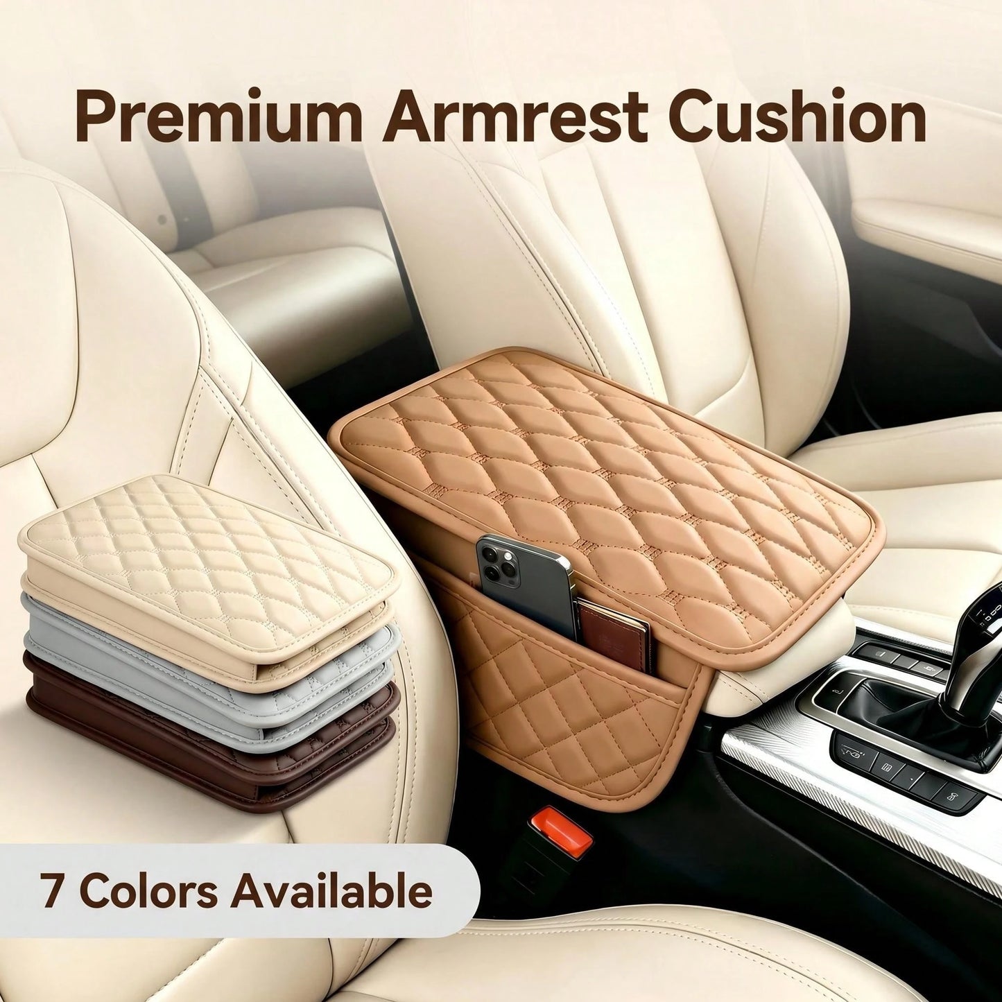 Car Armrest Pad, PU Leather, Comfortable Elbow Support, Stylish Stitching Design, Multi-Functional Storage For Phone/Cards/Wallet, Universal Fit For All Vehicles, All-Season Protection, Durable And St