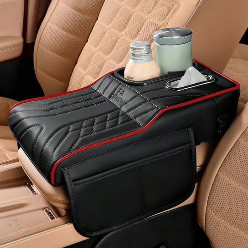Car Center Console Armrest Pillow, 13.4"*7.5"*2" Leather Auto Arm Rest Cover With Pocket & Tissue Box & Cup Holder, Multifunctional Vehicle Armrest Cushion Pad, Car Accessories (Black+Red)